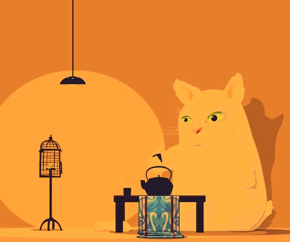 Кот пьет чай обои