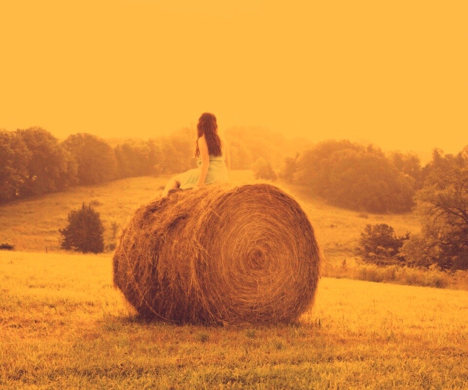Девушка на снопе сена обои