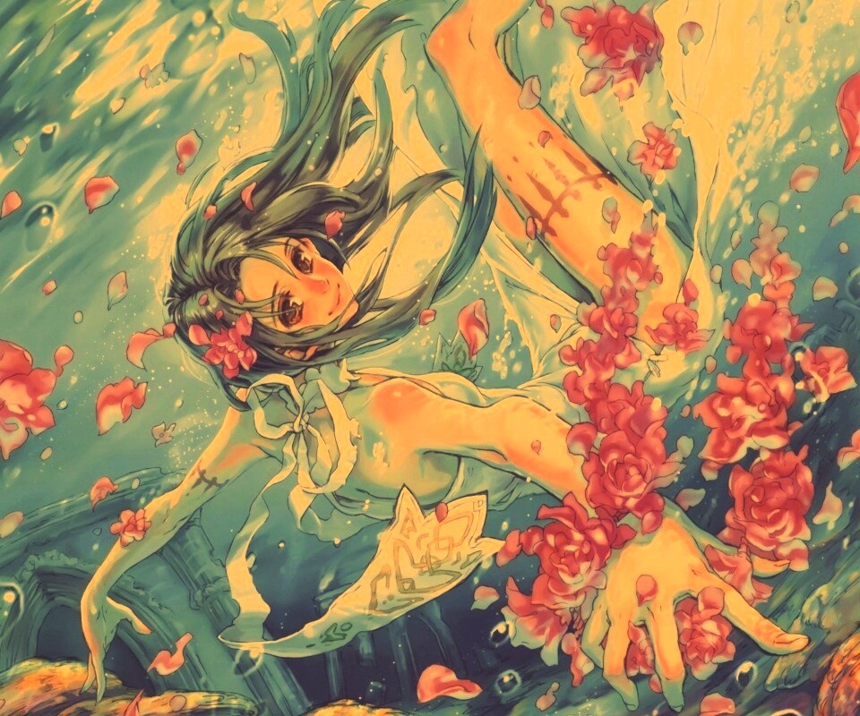 Девушка из аниме под водой обои