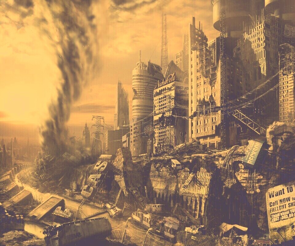 Торнадо в разрушенном городе обои