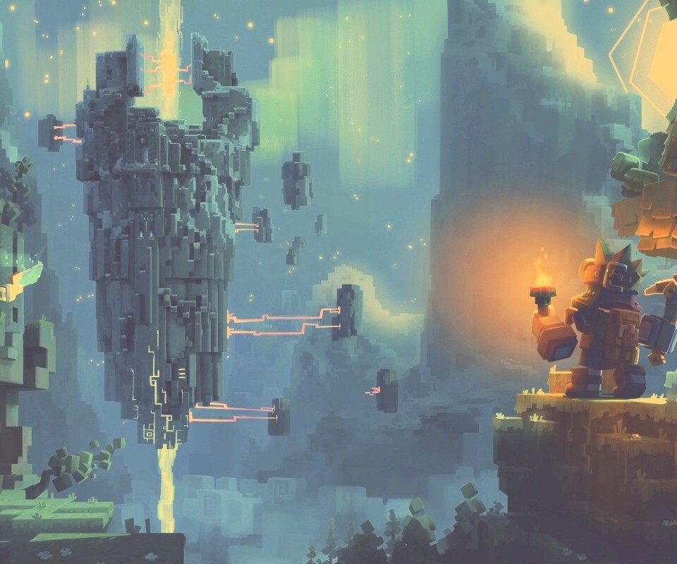 Парень с киркой и факелом смотрит в даль обои