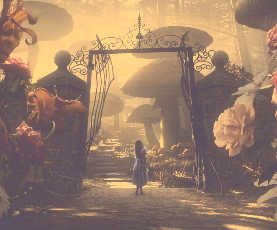 Алиса в стране чудес среди живых цветов обои