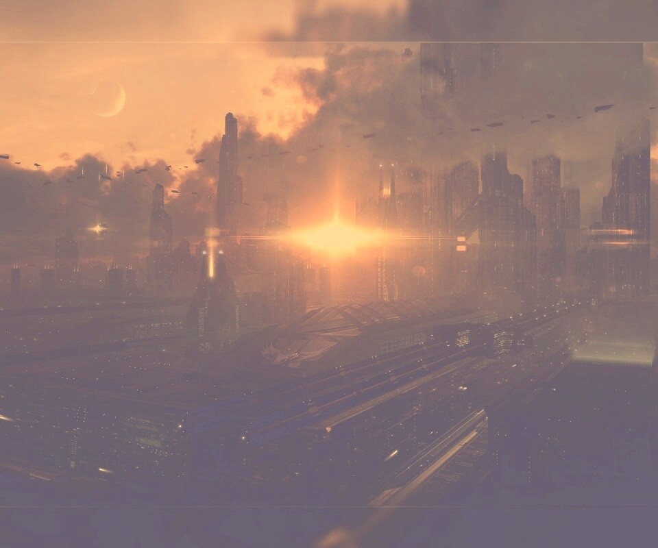 Закат в инопланетном городе обои