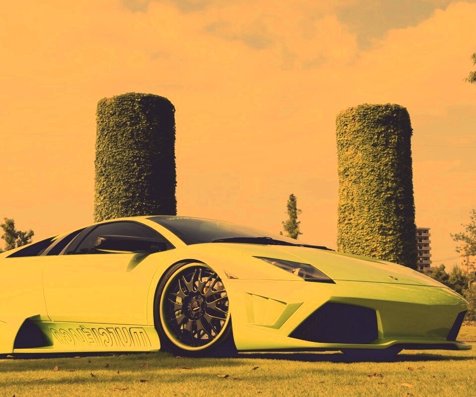 Зелёный Ламборджини на траве обои