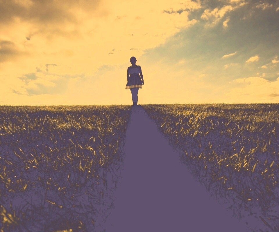 Силуэт девочки на поле обои