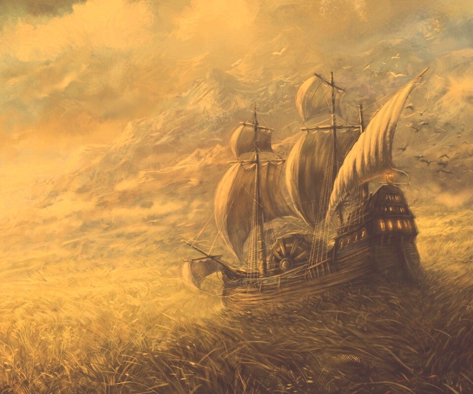 Корабль в море травы обои