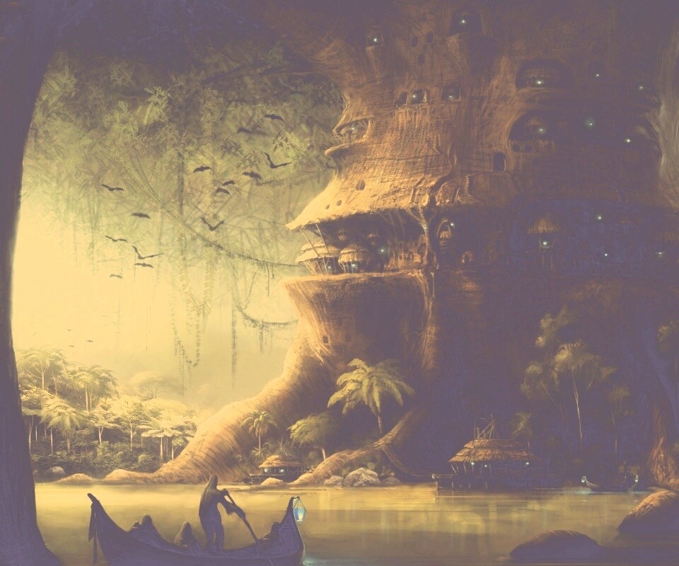 Город в стволе дерева обои