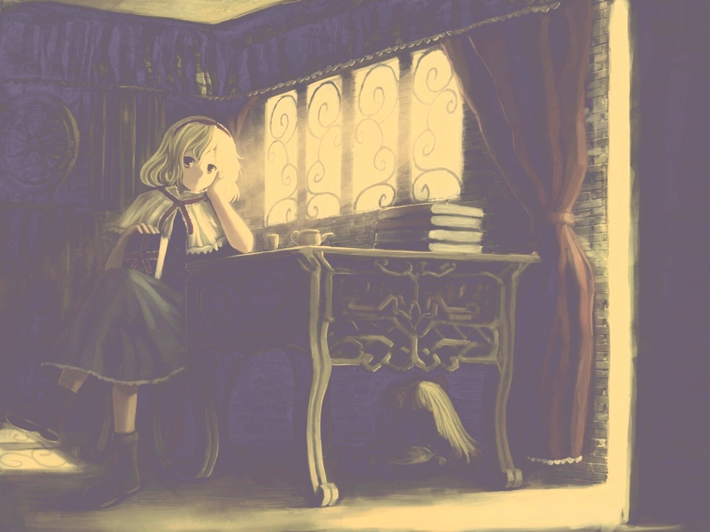 Девочка за столом с книгами обои