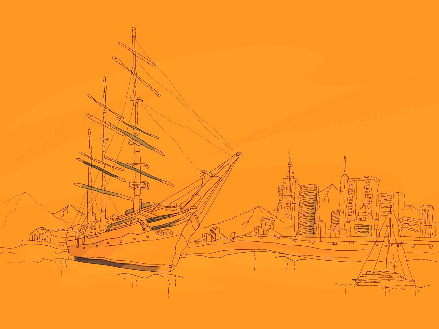 Парусник у города обои