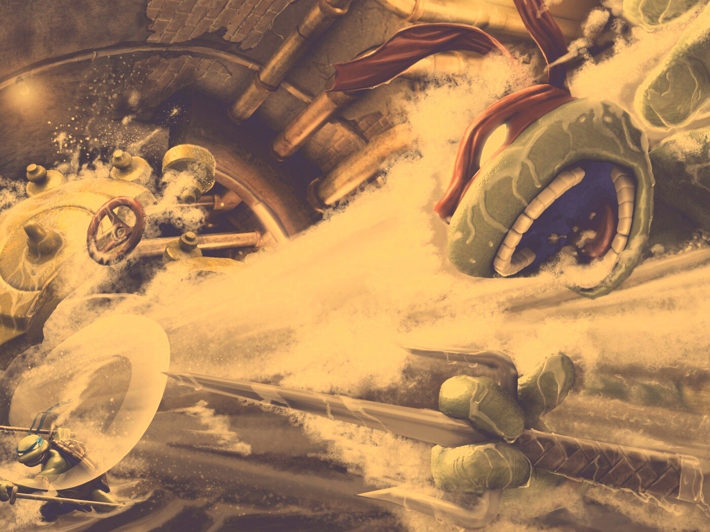 Рафаэля и Леонардо смывает водой обои