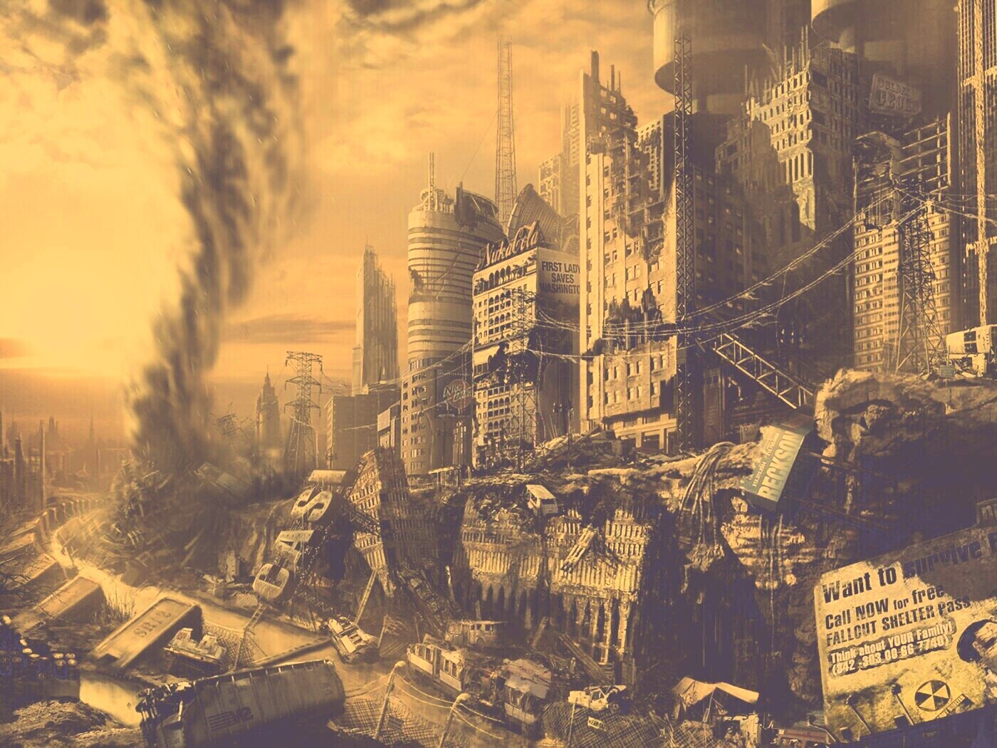 Торнадо в разрушенном городе обои