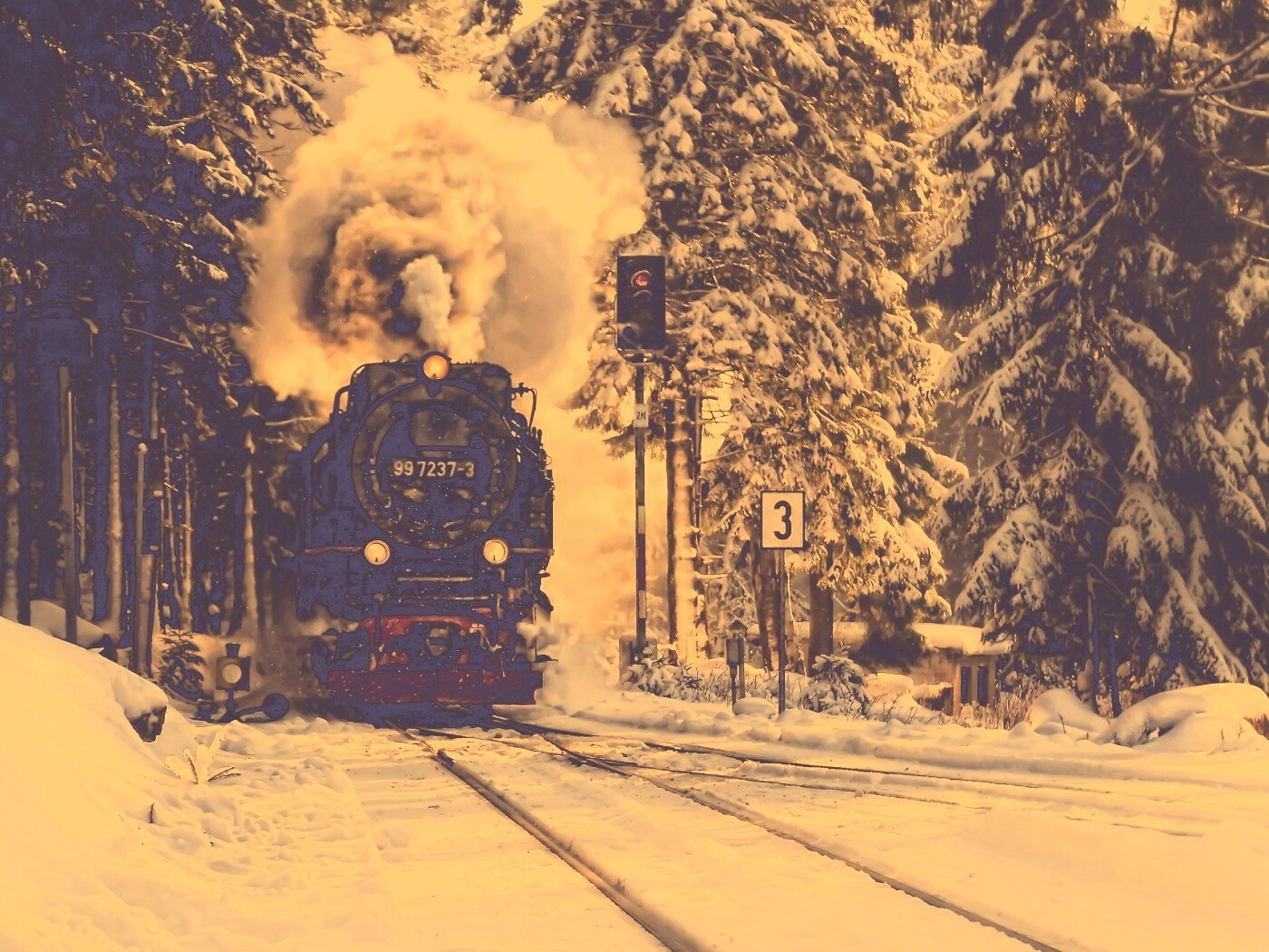 Паровоз в димнем лесу обои