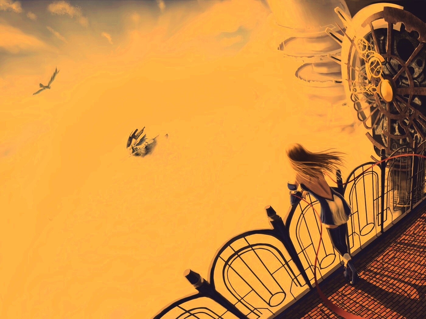 Девушка в городе над облаками обои