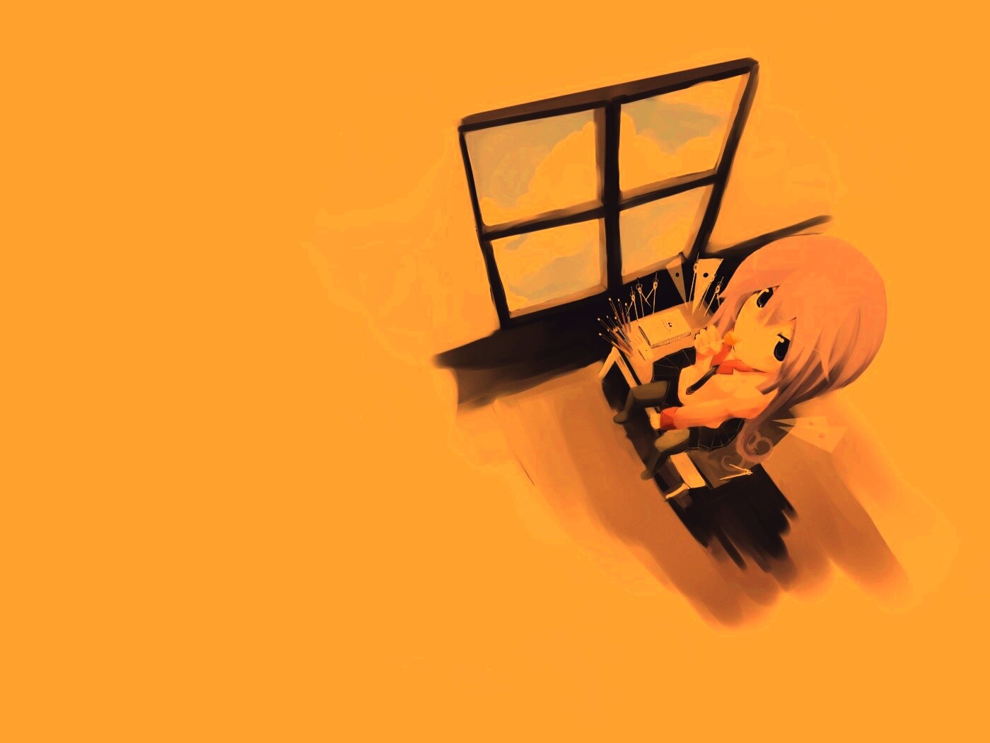 Школница с конфетой у окна обои