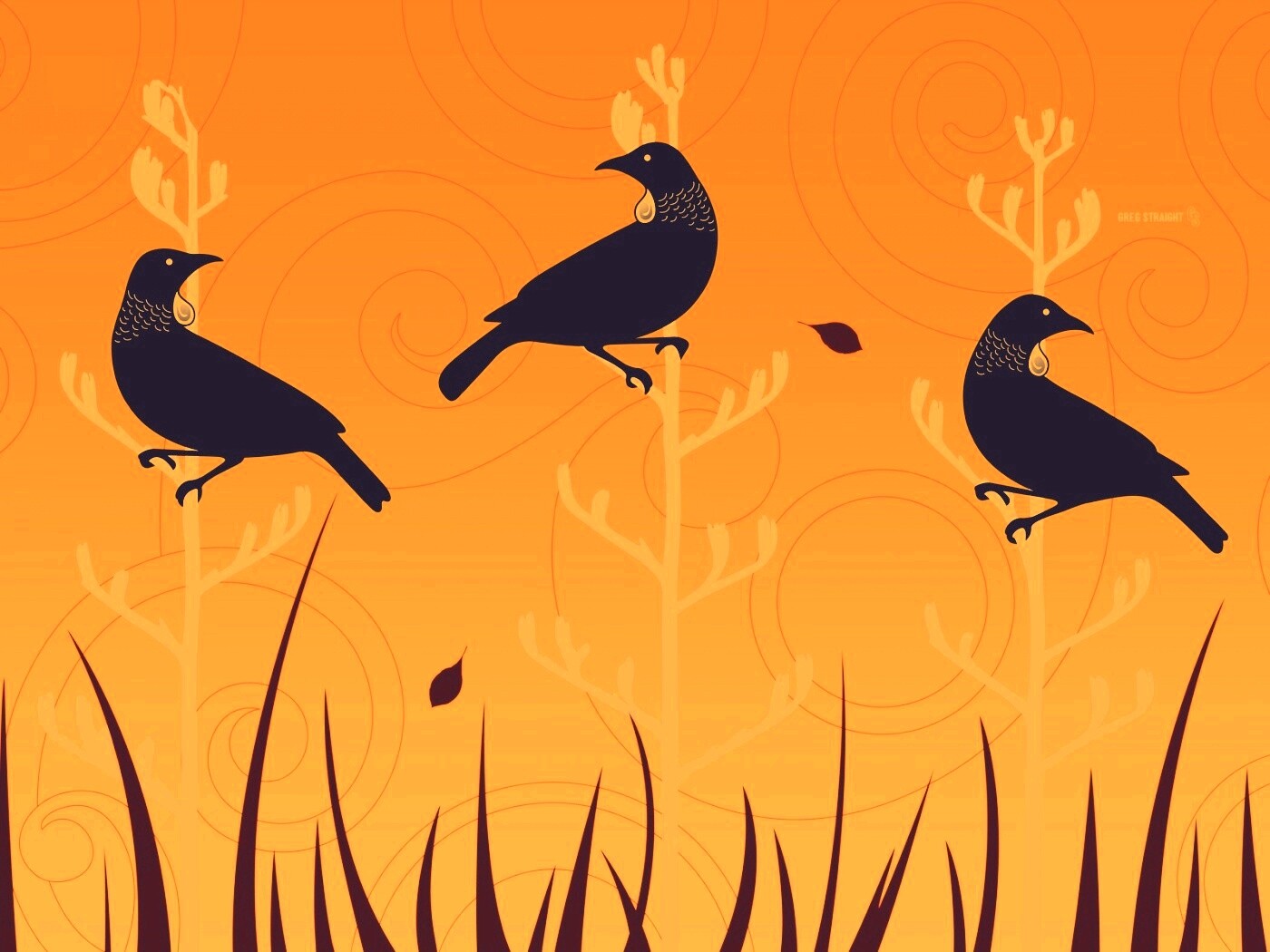 Векторные стилизованные птицы на ветках дерева обои