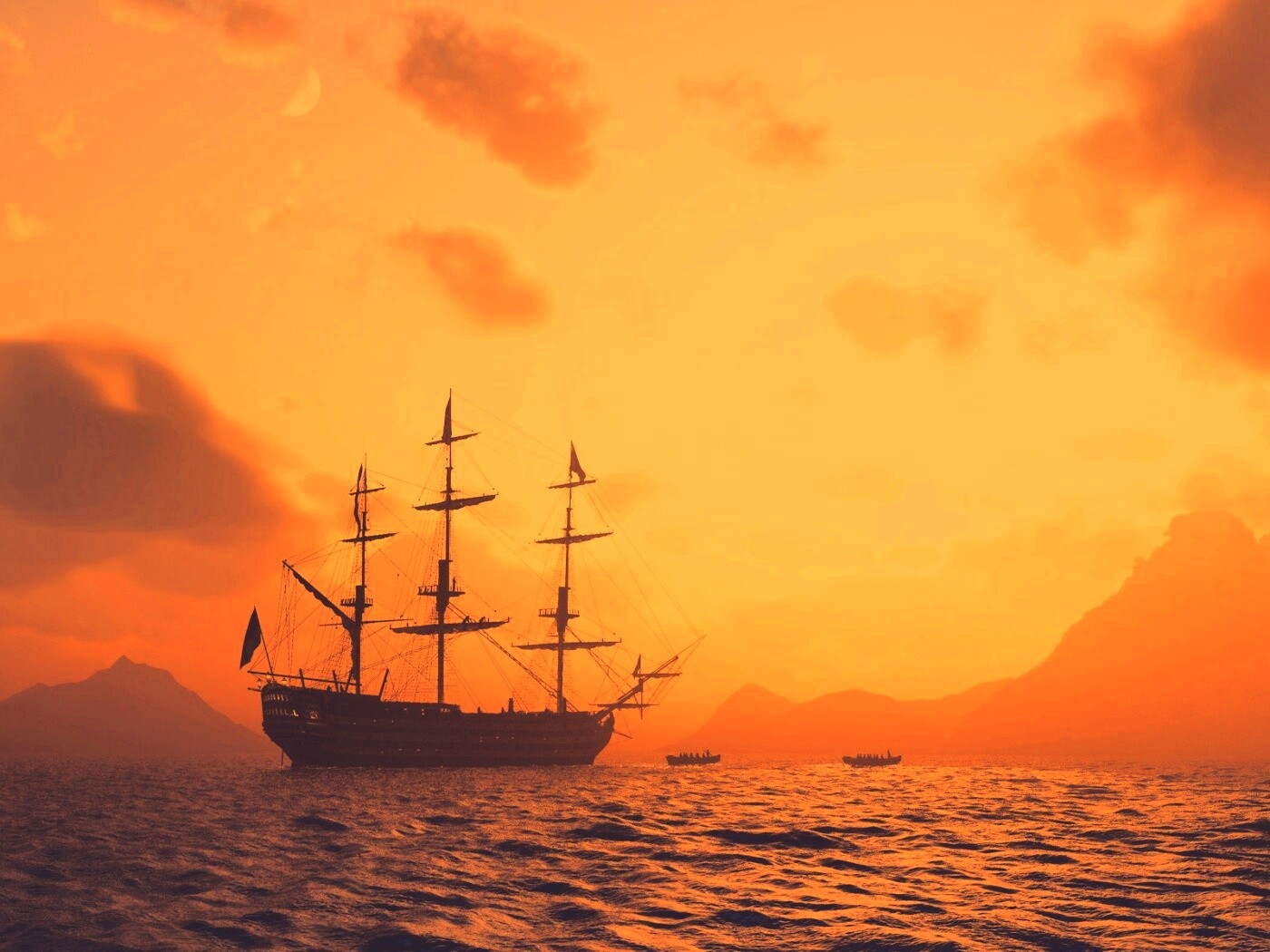Трехпалубный парусный корабль на закате обои