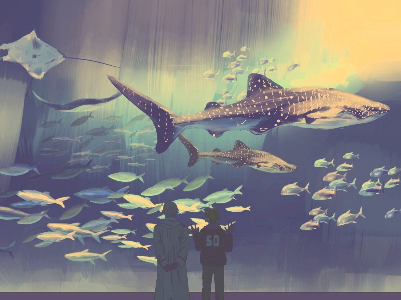 Двое в океанариуме обои