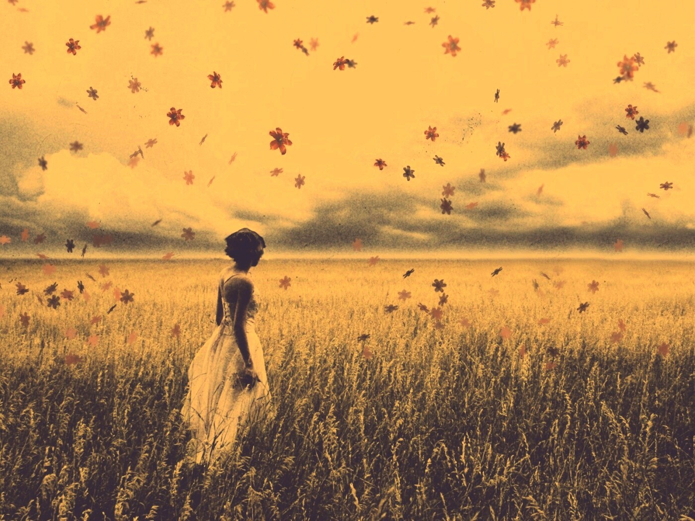 Грустная девушка в поле травы обои