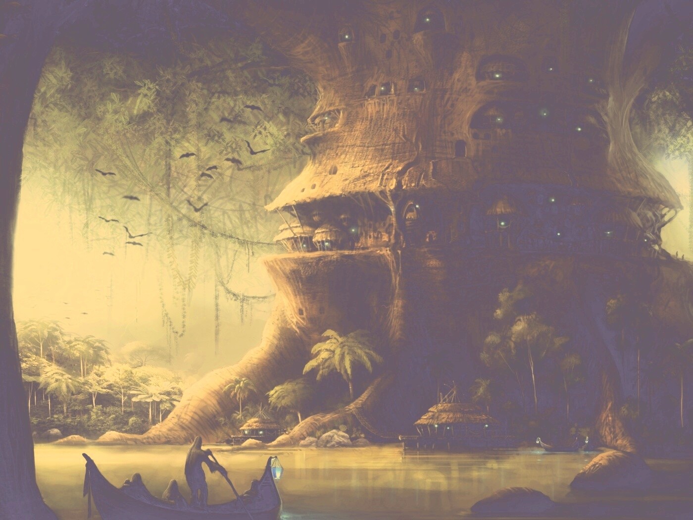 Город в стволе дерева обои