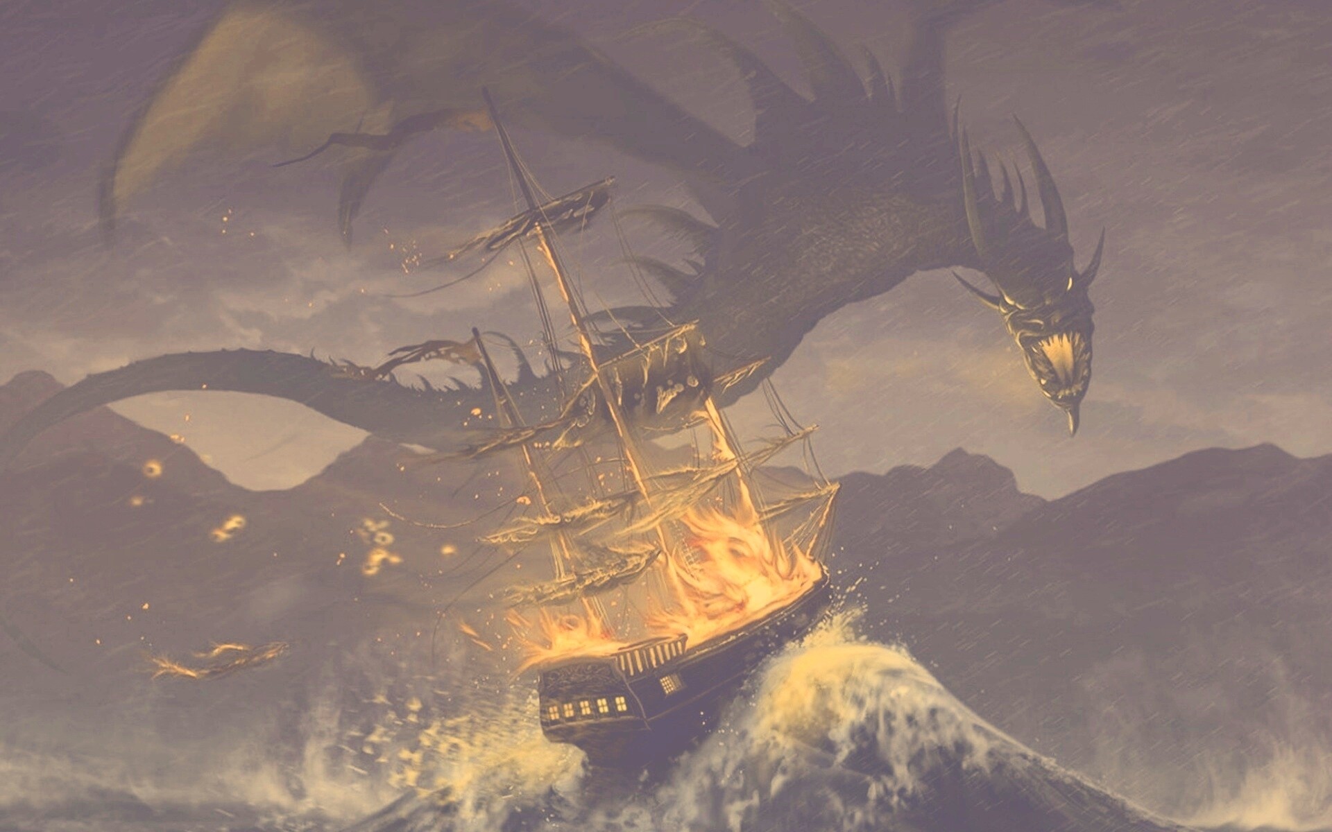 Дракон нападает на корабль обои