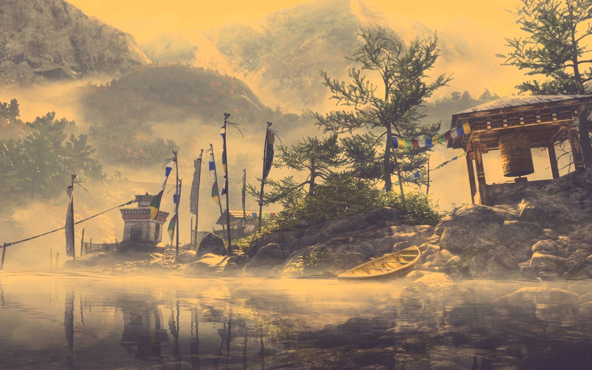 Каменистый берег в тумане обои