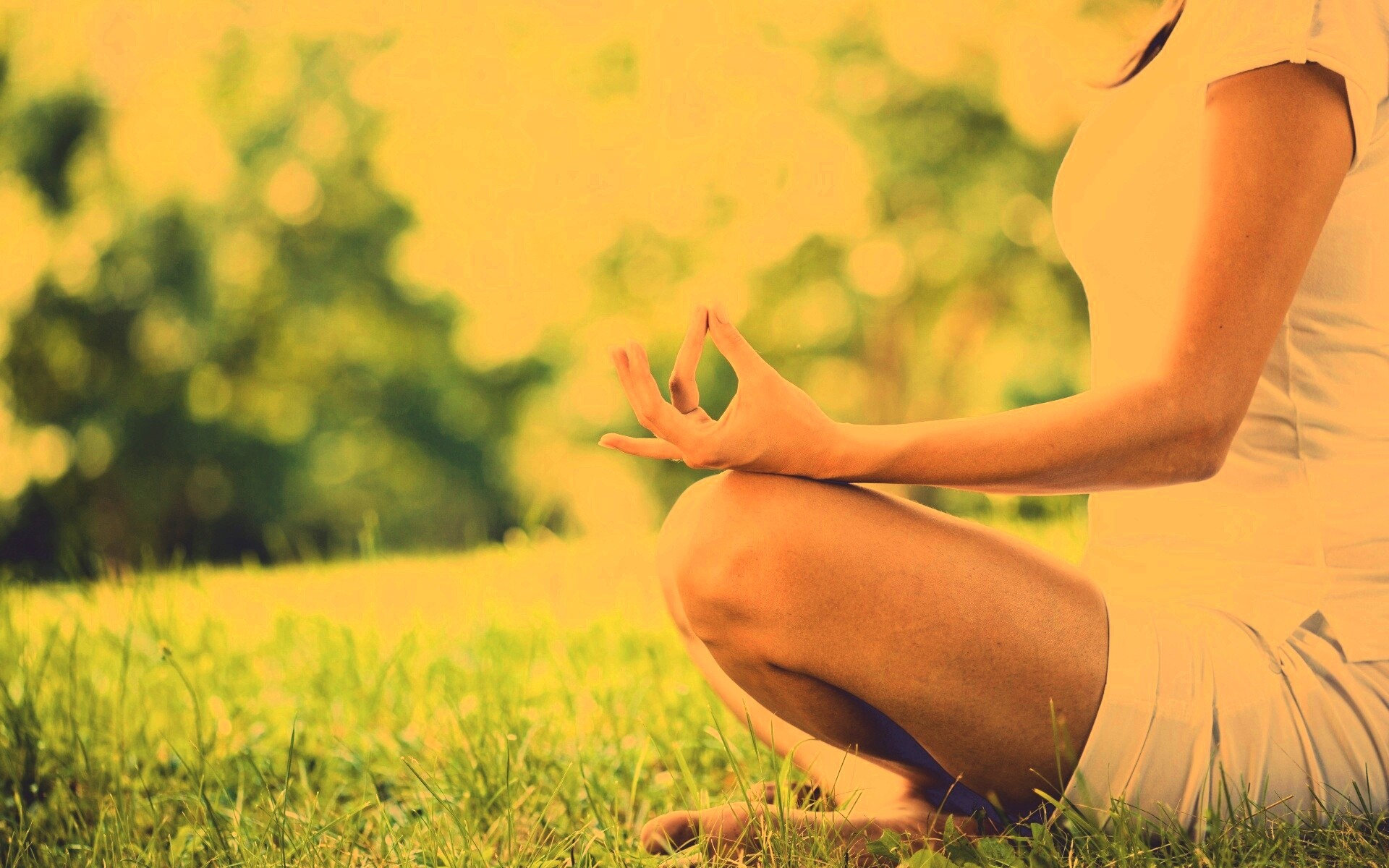 Девушка медитирует в позе лотоса на траве обои
