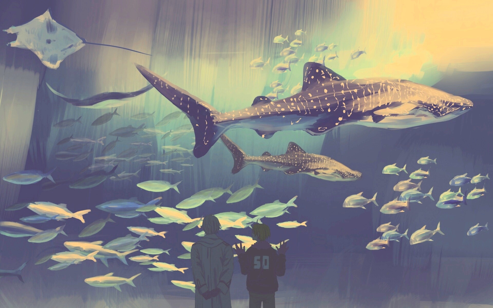 Двое в океанариуме обои