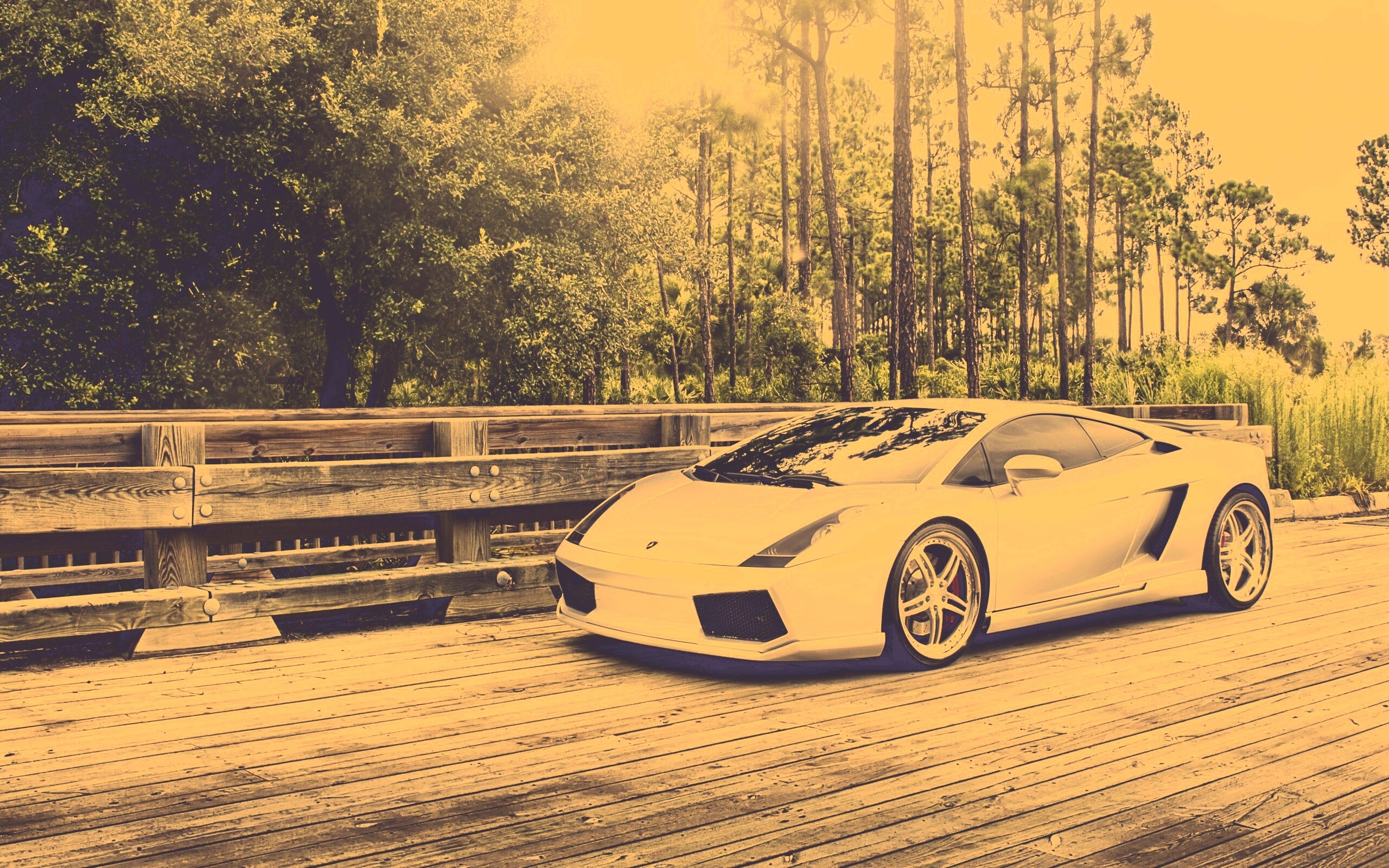 Ламбоджини на мосту в лесу обои