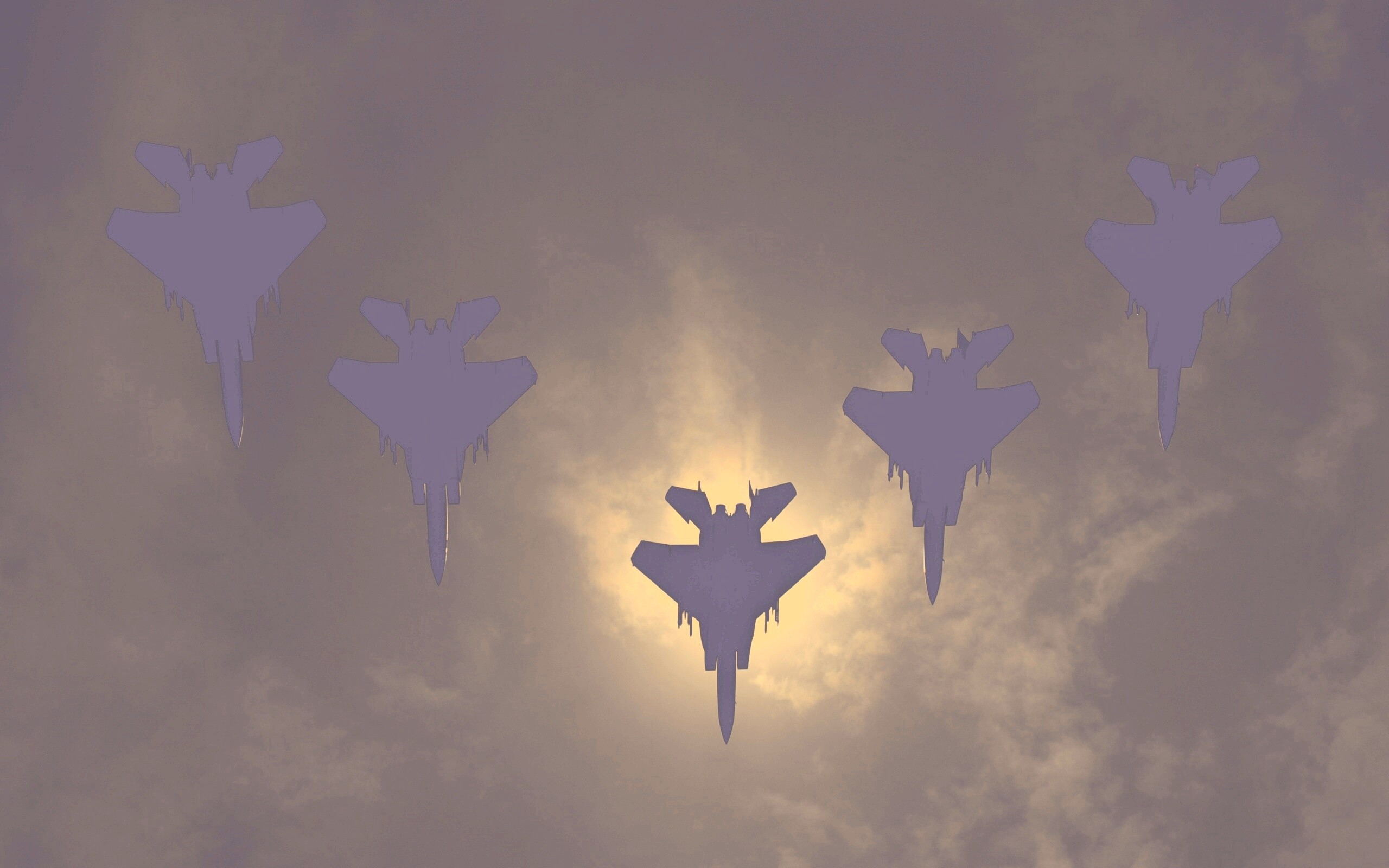 Ряд истрибителей на фоне солнца обои