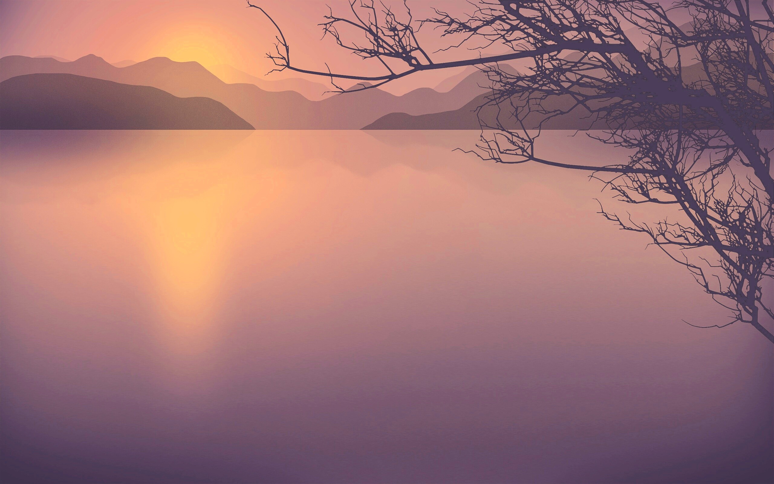 Ветка над вечерним озером обои