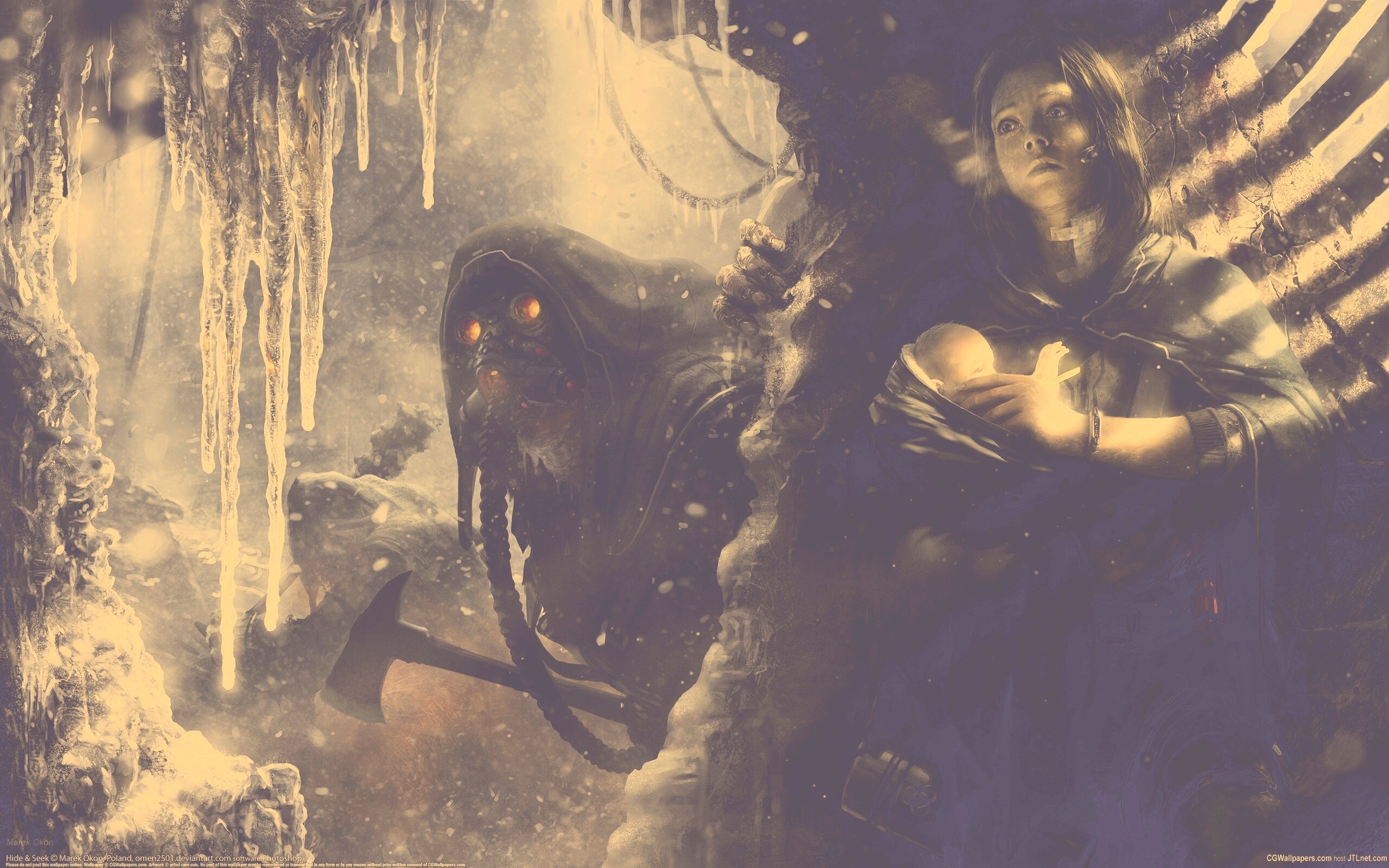 Девушка с ребенком прячется от монстра обои