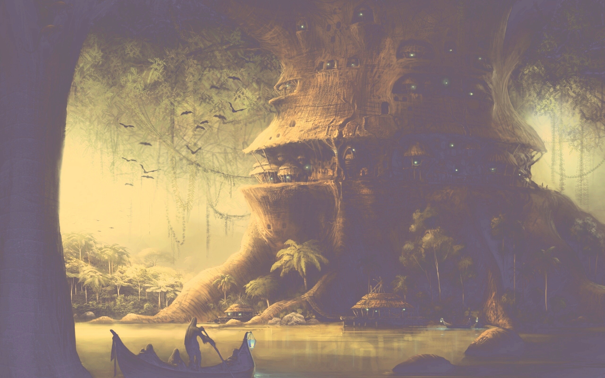 Город в стволе дерева обои