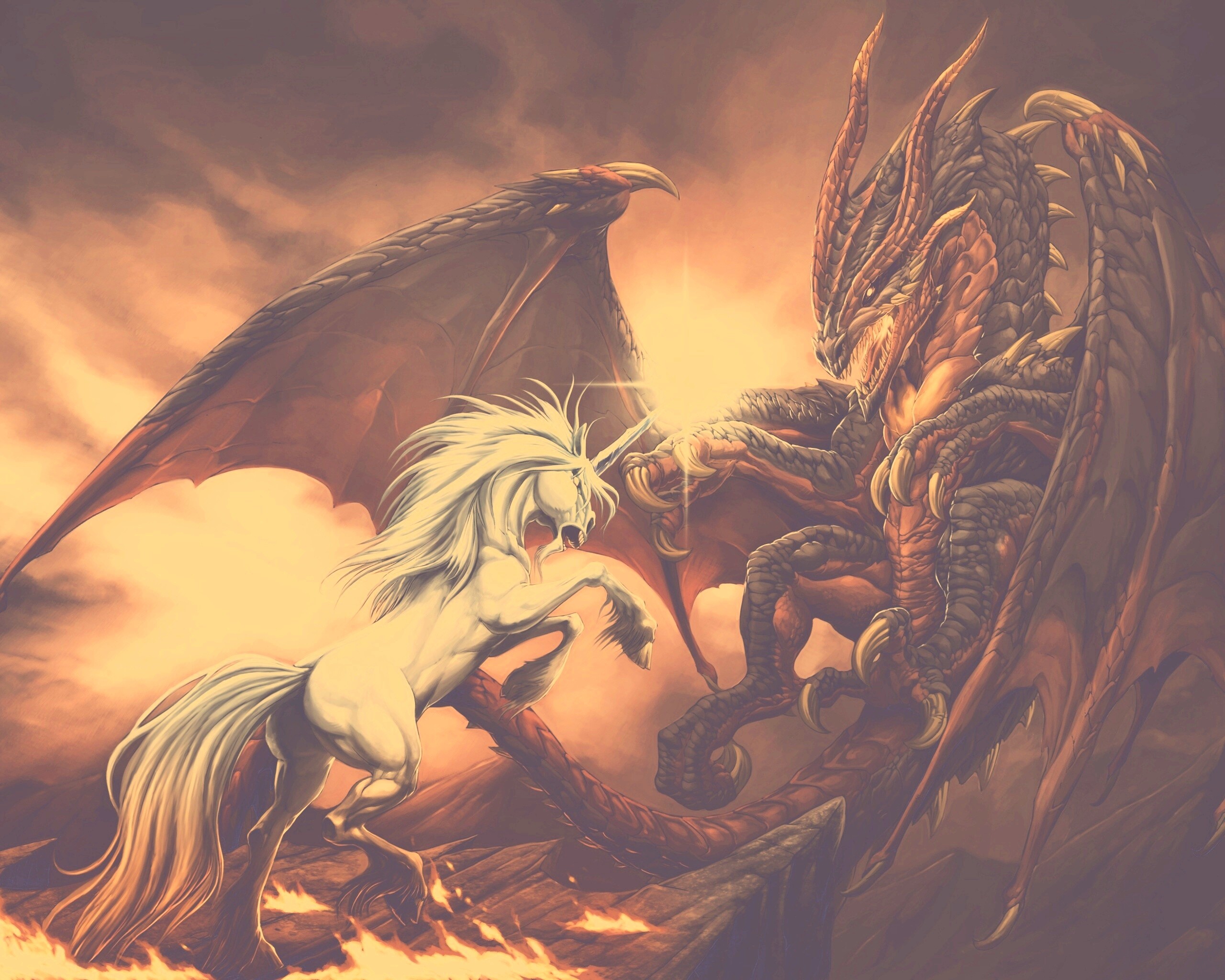 Дракон и единорог обои