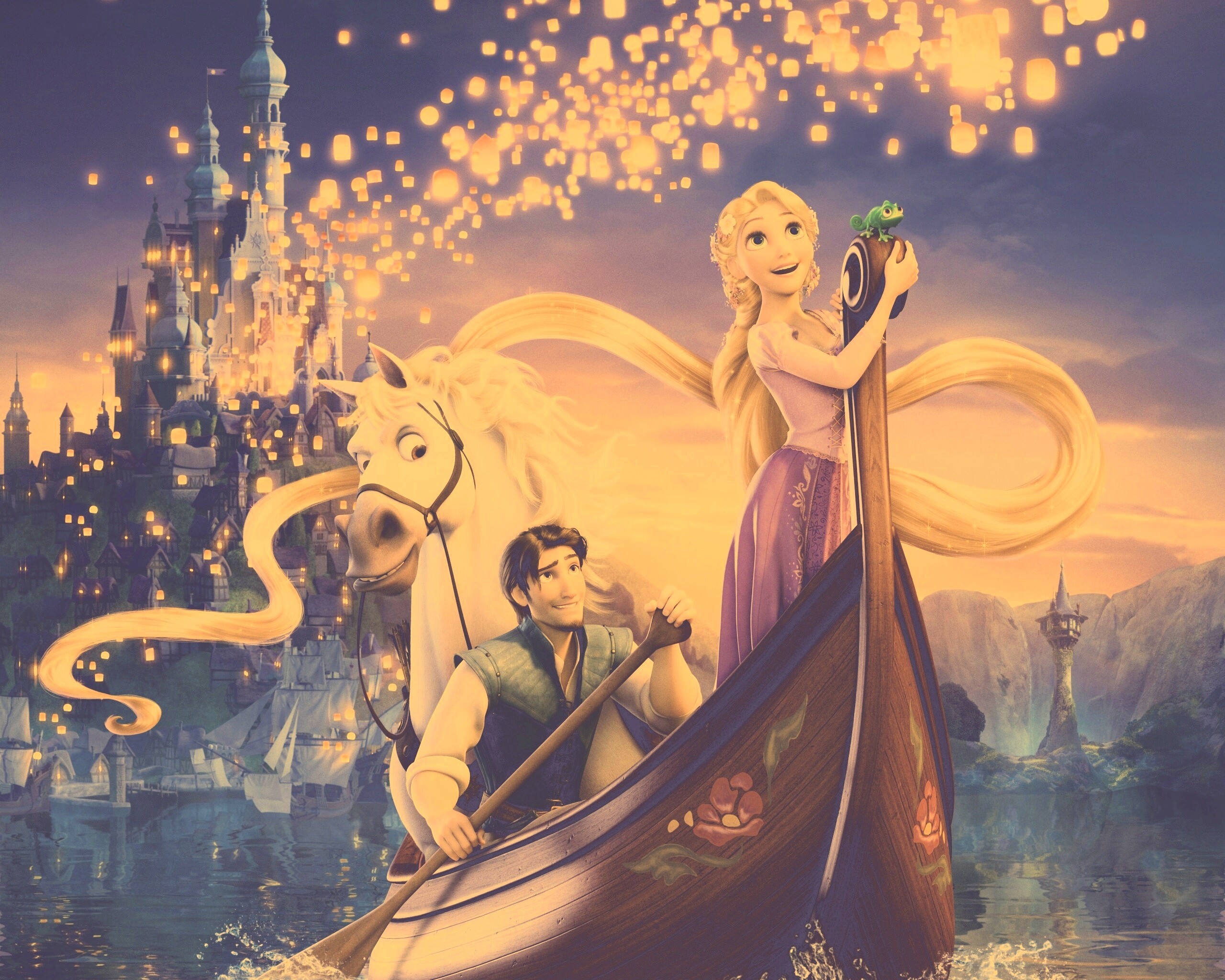 Рапунцель принц и конь в лодке обои