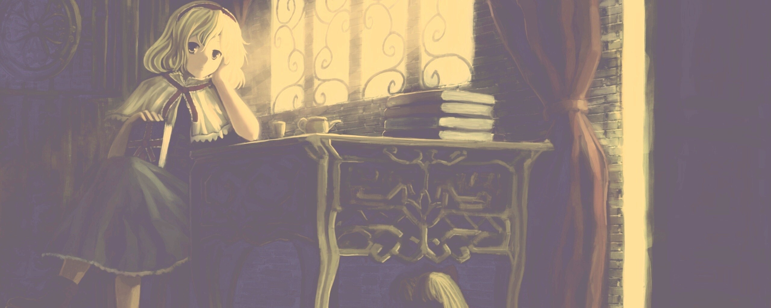 Девочка за столом с книгами обои