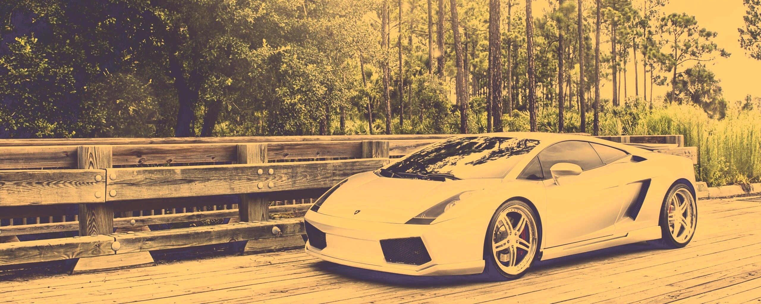 Ламбоджини на мосту в лесу обои