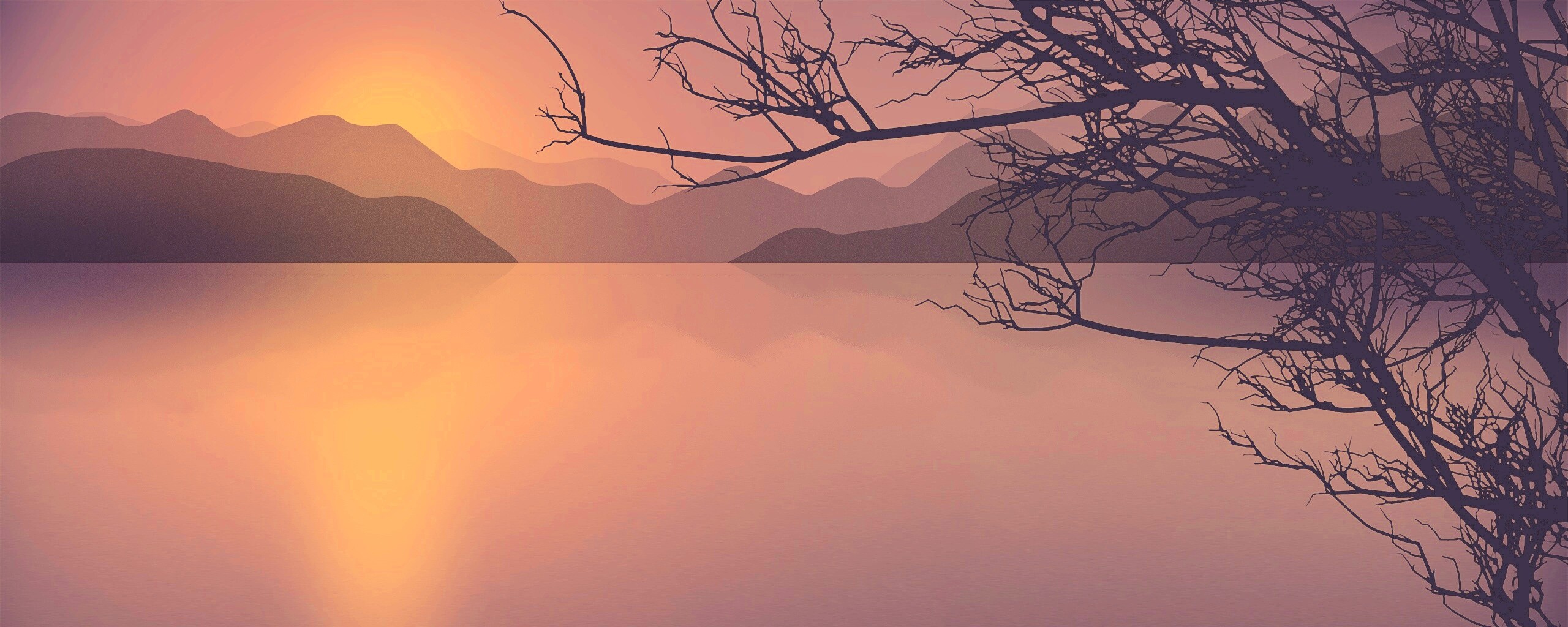 Ветка над вечерним озером обои