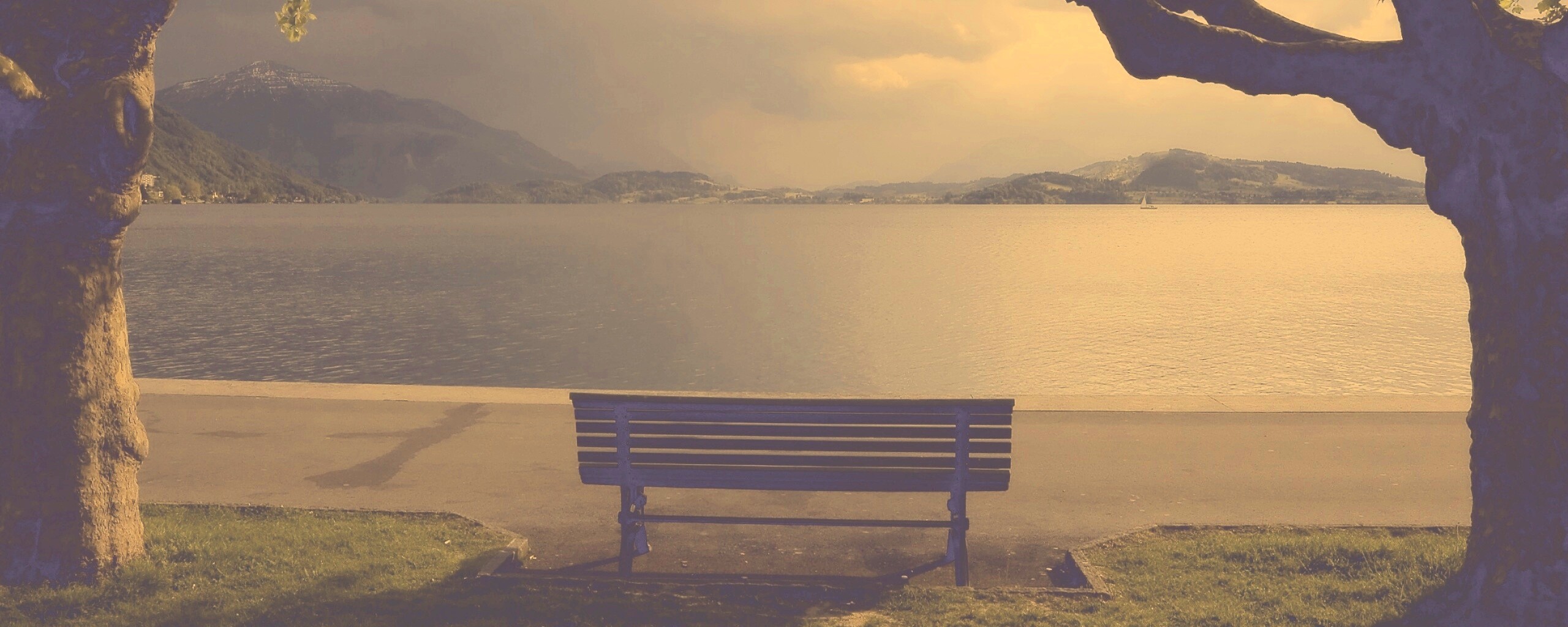 Скамейка на берегу обои