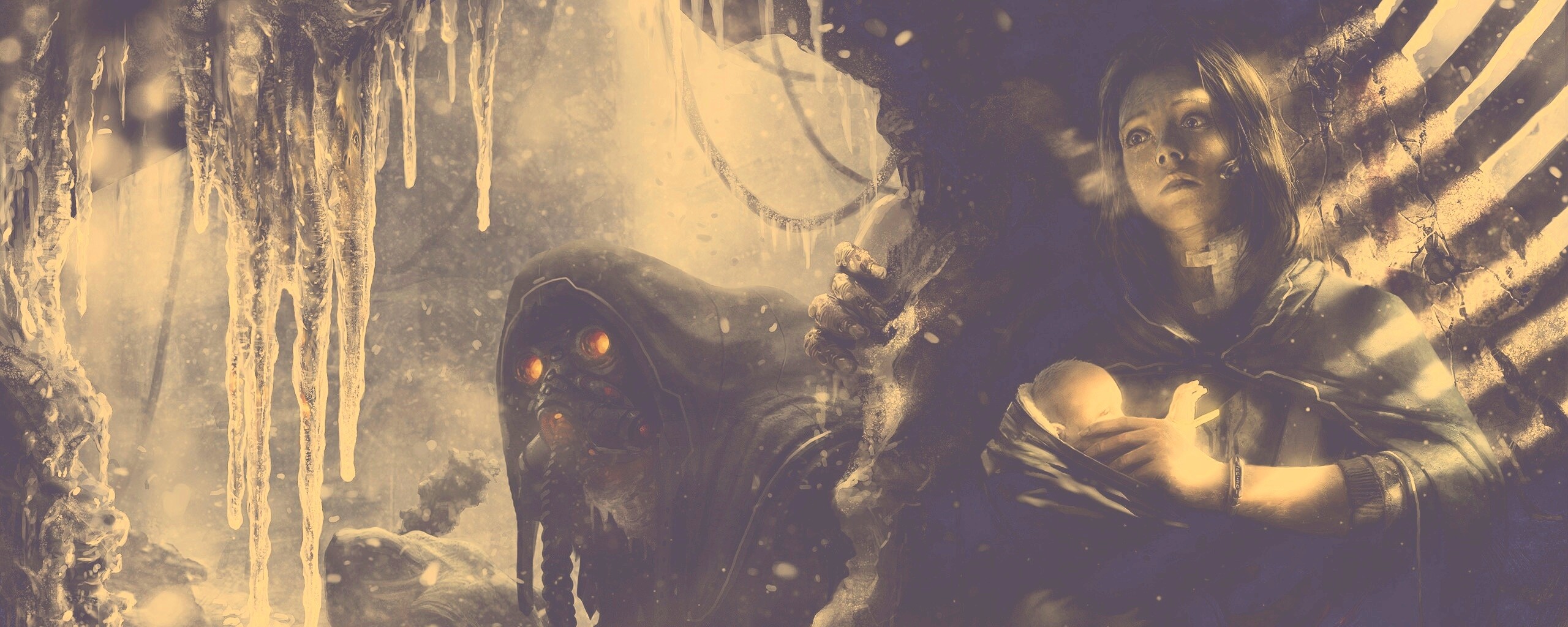 Девушка с ребенком прячется от монстра обои