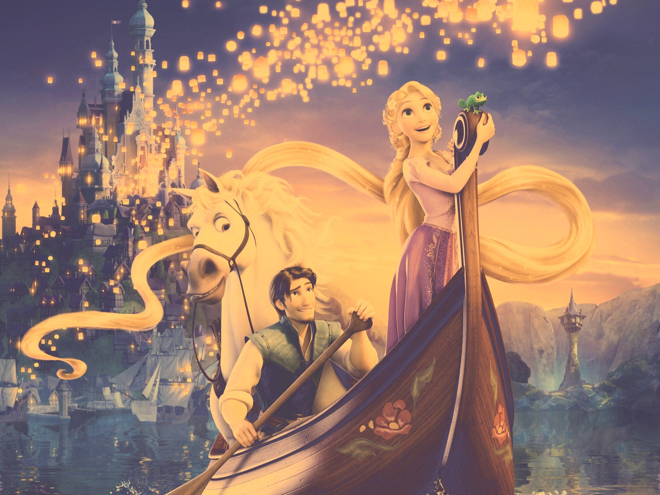 Рапунцель принц и конь в лодке обои