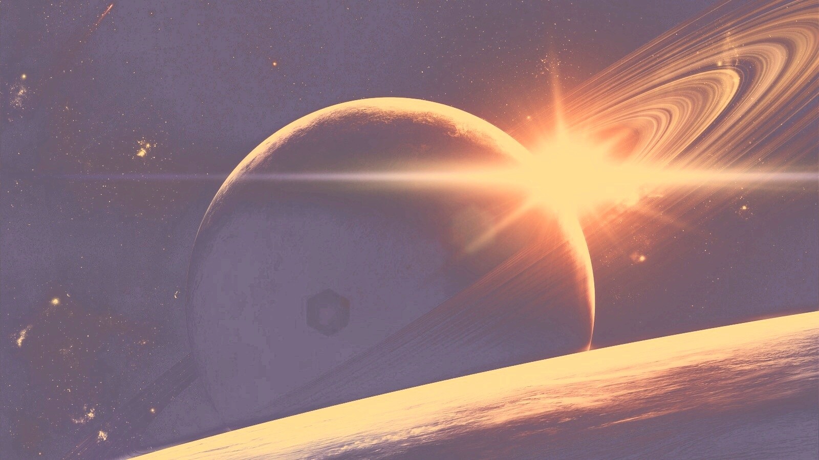 Солнце сквозь кольца Сатурна обои