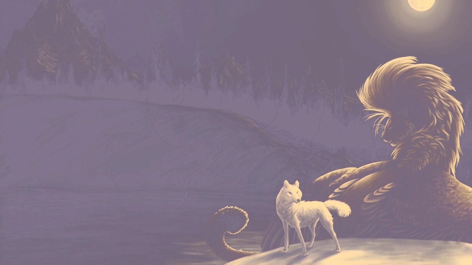 Волк и лев при луне обои