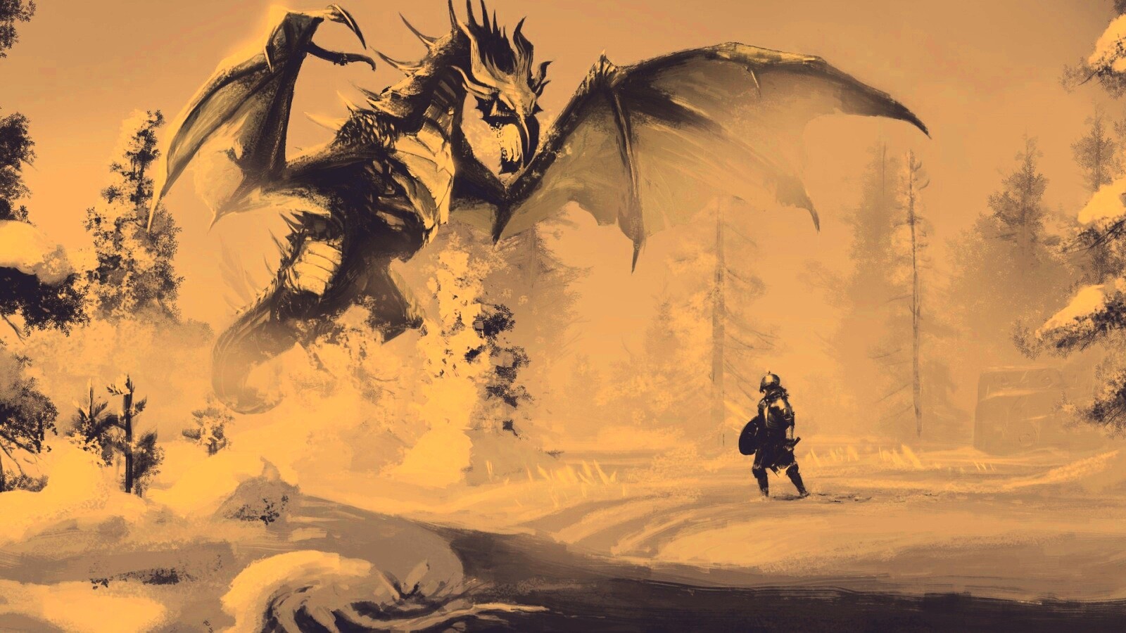 Скайрим: битва с ледяным драконом обои