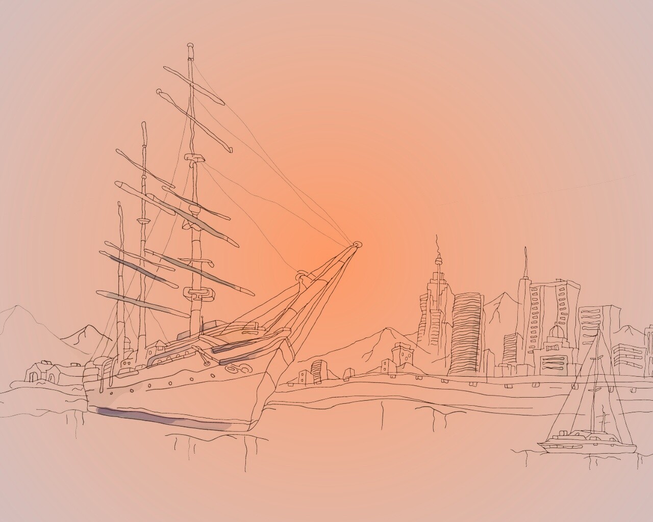 Парусник у города обои