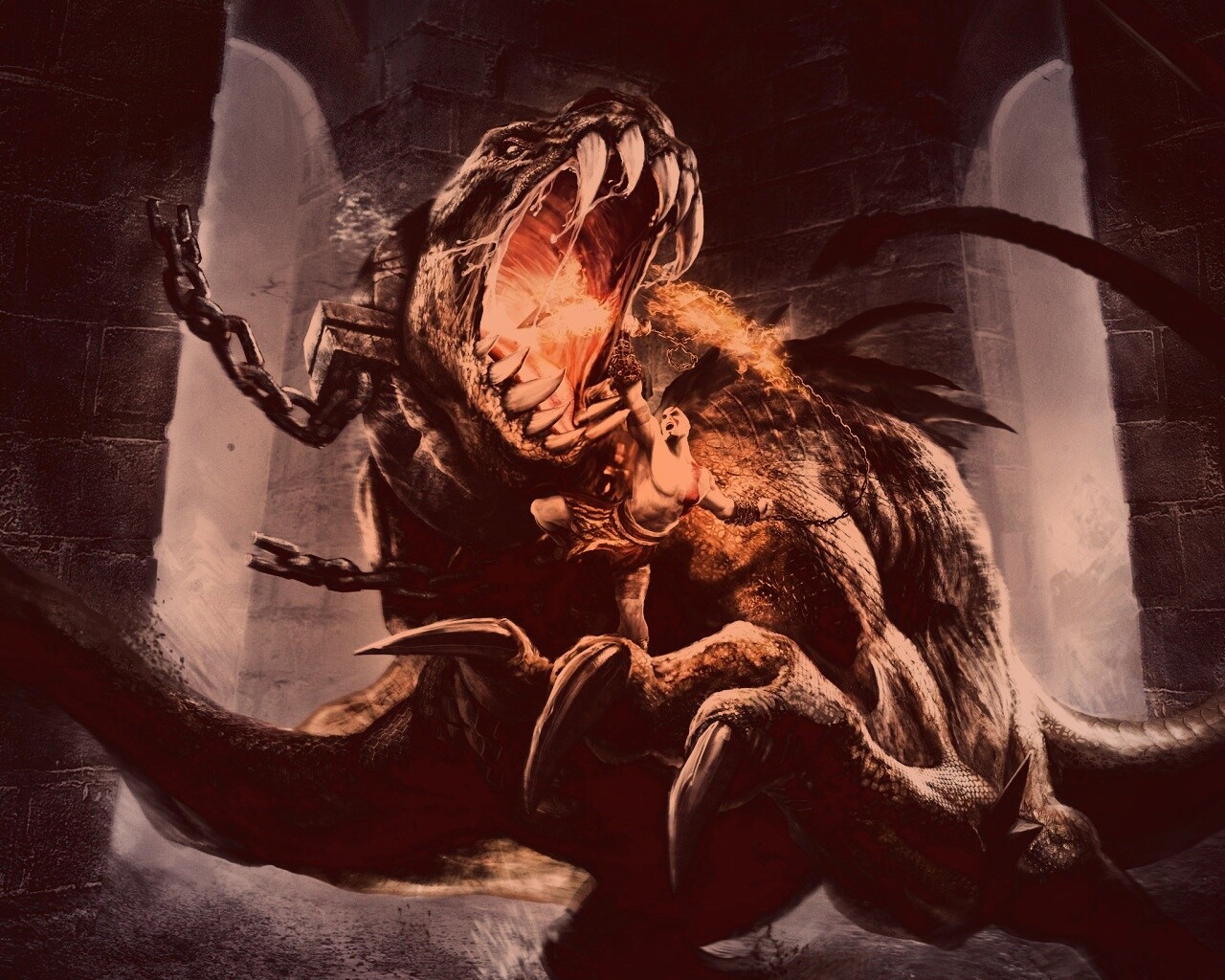 Кратос против динозавра обои