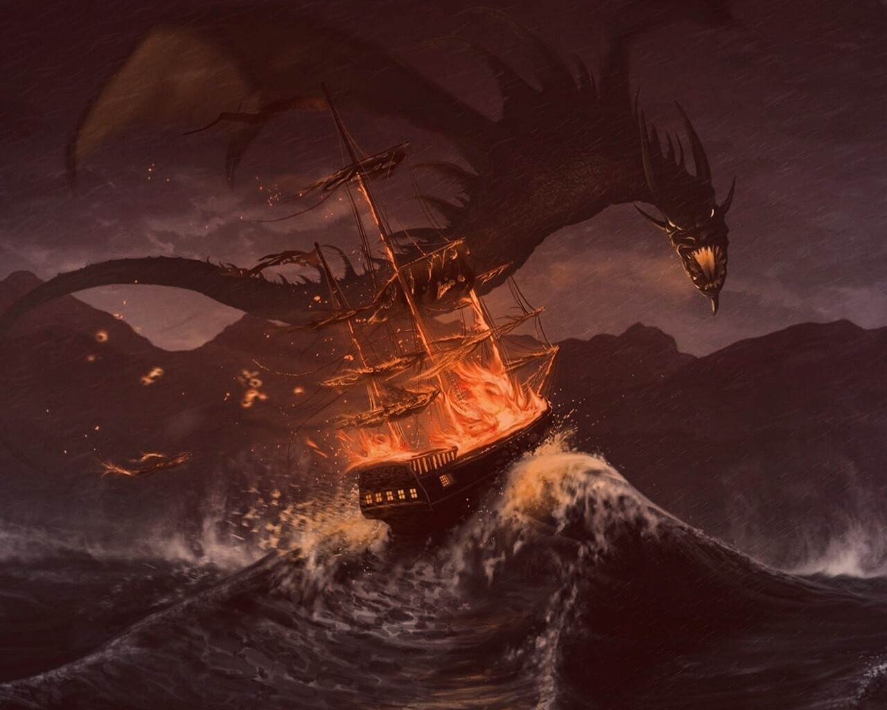 Дракон нападает на корабль обои