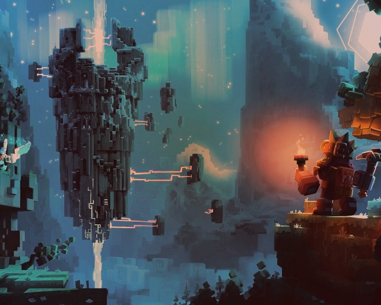 Парень с киркой и факелом смотрит в даль обои