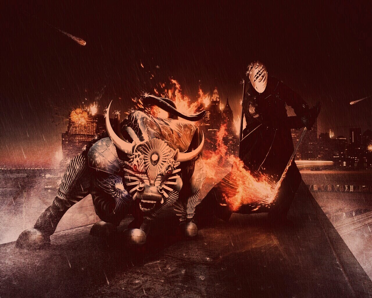 Воин и бык на крыше обои