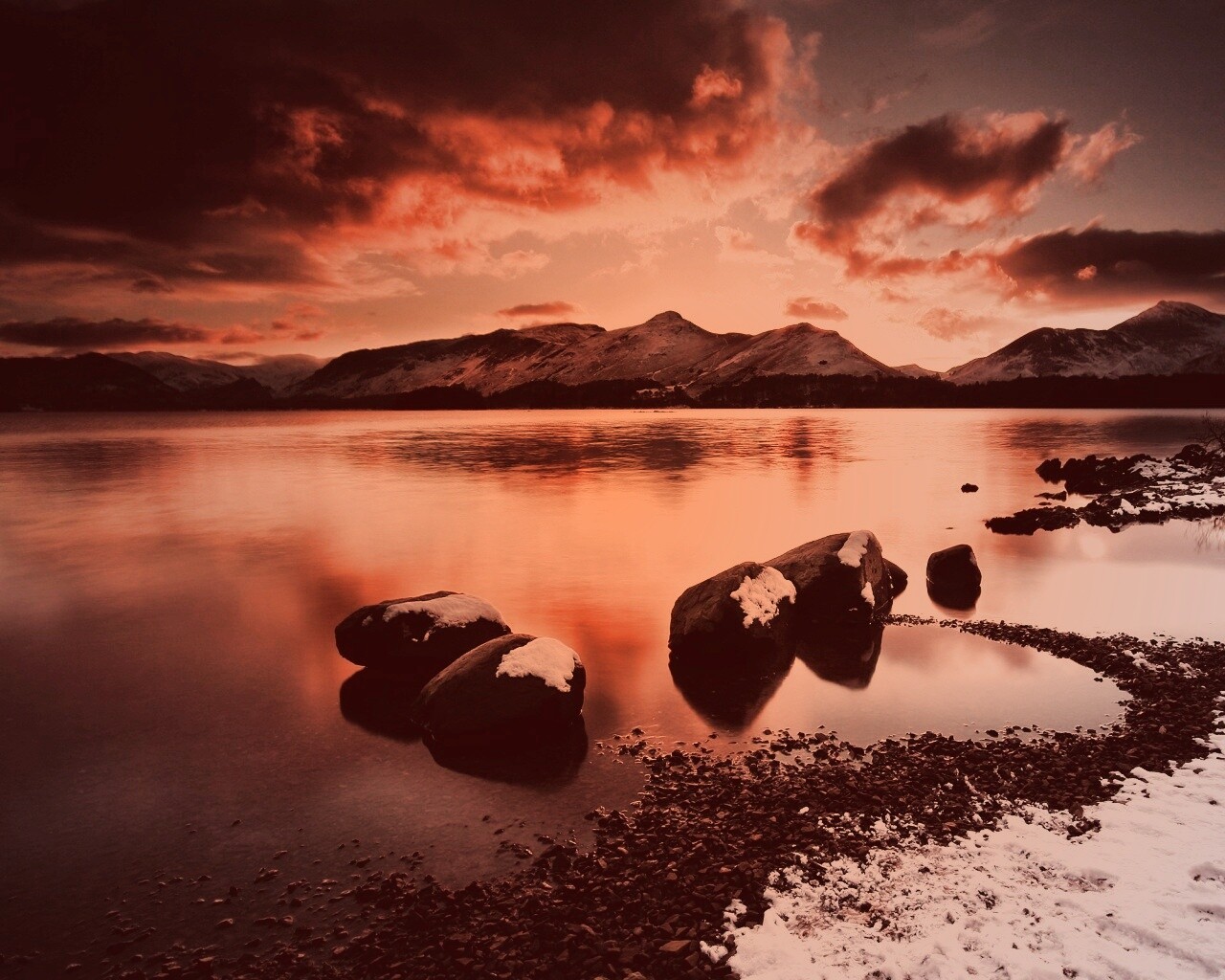 Картинный закат на озере обои