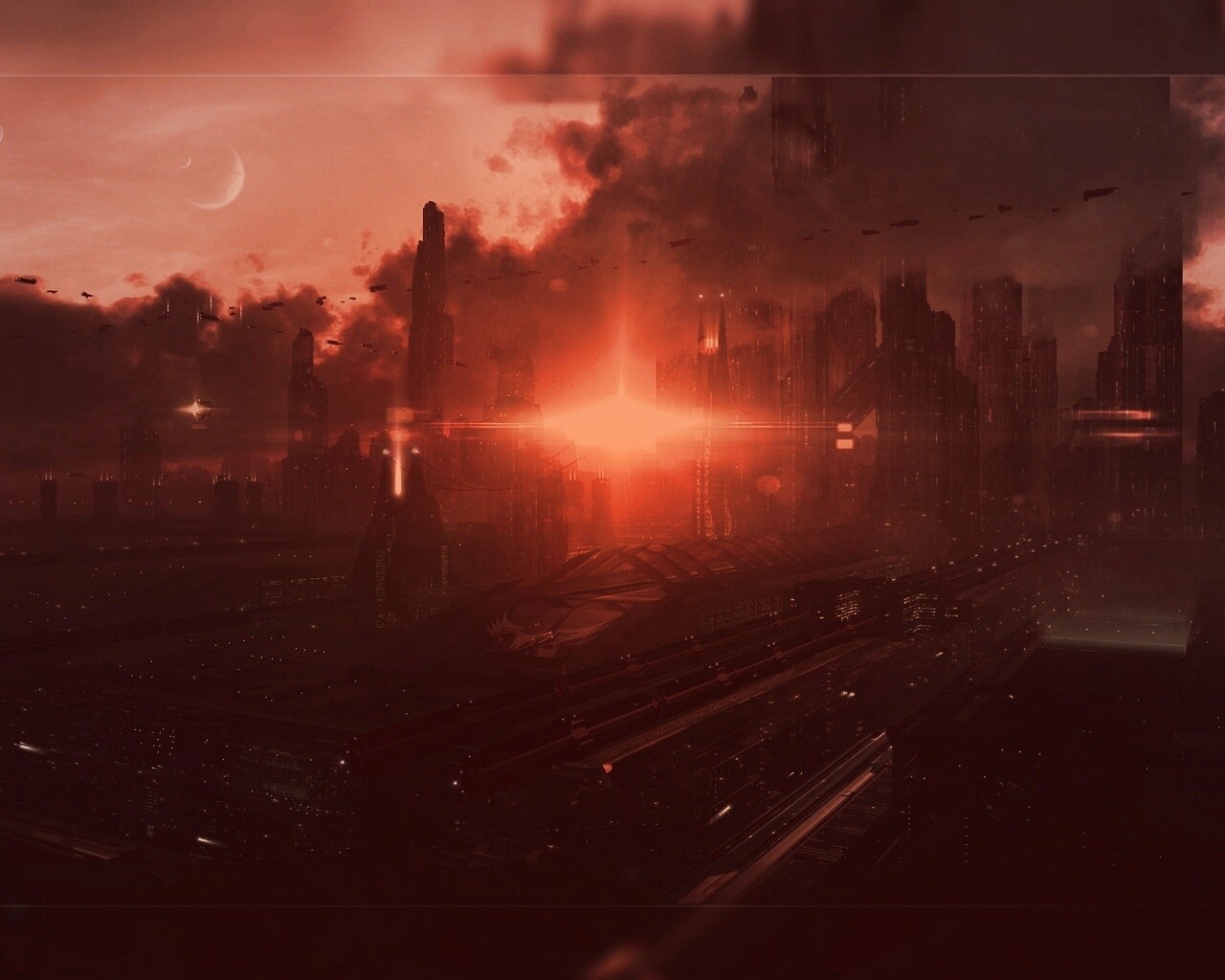 Закат в инопланетном городе обои